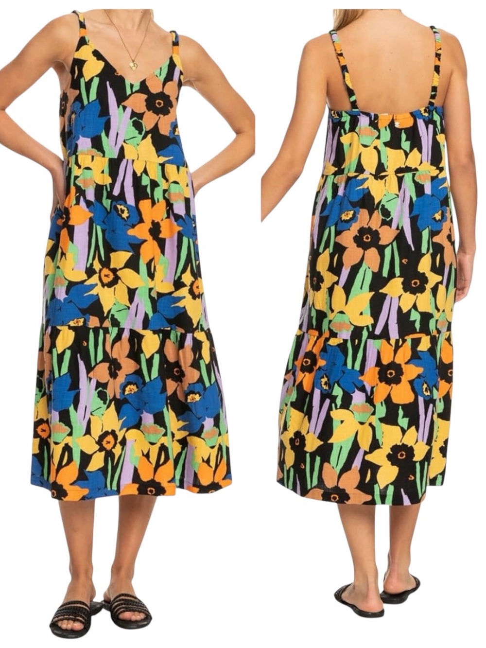 Roxy Waiting Line Printed Midi Dress Anthracite Flower Jammin Size Medium